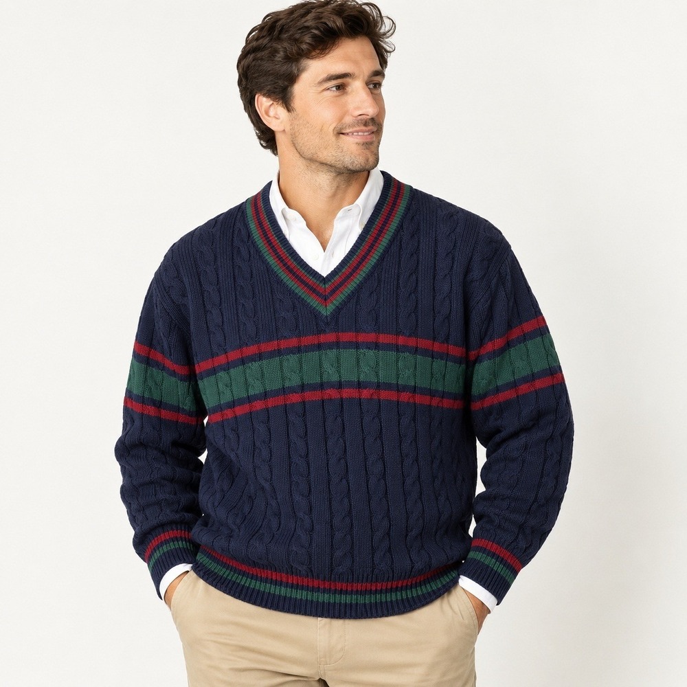 Vintage Woods & Gray Mens L Cable Knit Sweater Striped V Neck Preppy Grandpa